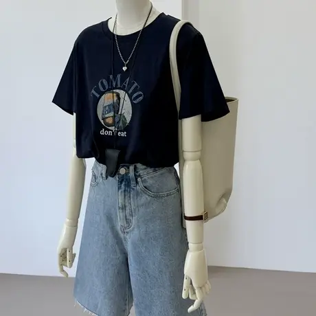 2025夏季新款雪花棉字母图案印花轻薄透气宽松短袖t恤女休闲上衣商品大图