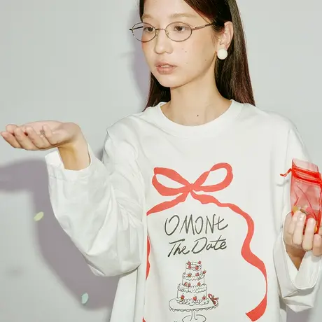 omont蛋挞家 蝴蝶结印花长袖T恤2025春季圆领慵懒风宽松休闲上衣图片