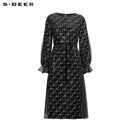 sdeer圣迪奥女装优雅圆领格纹收腰网纱连衣裙S244Z1248商品大图