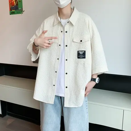短袖衬衫男夏季新款冰丝宽松翻领衬衣男士潮牌帅气休闲七分袖外套图片