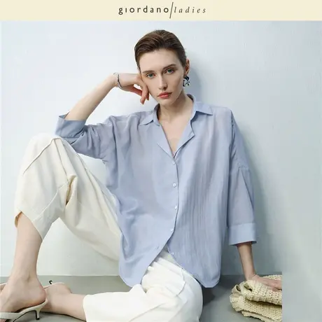 GL2025夏季新款亚麻感衬衫外套女慵懒翻领七分袖宽松衬衫02345011图片