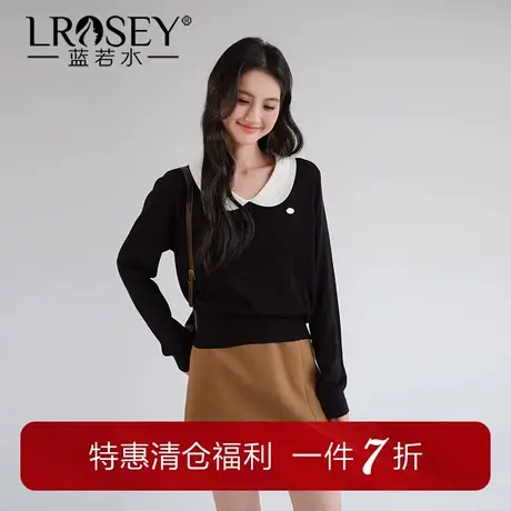 蓝若水大码女装撞色娃娃领长袖针织衫秋季新品微胖mm减龄短款毛衣商品大图