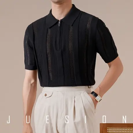 【轻薄棉麻】半镂空拉链针织polo衫男短袖夏季透气设计感休闲上衣图片