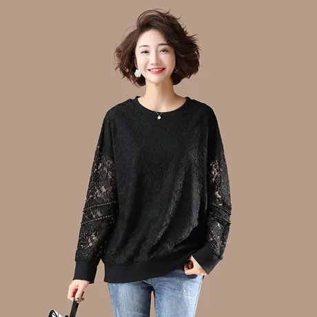 春季加肥加大码女装宽松中长款长袖打底衫上衣中年妈妈显瘦蕾丝衫图片