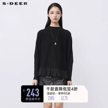 【🌠商场同款】🌡sdeer圣迪奥罗纹圆领抽褶宽松针织毛衣S21483544商品大图