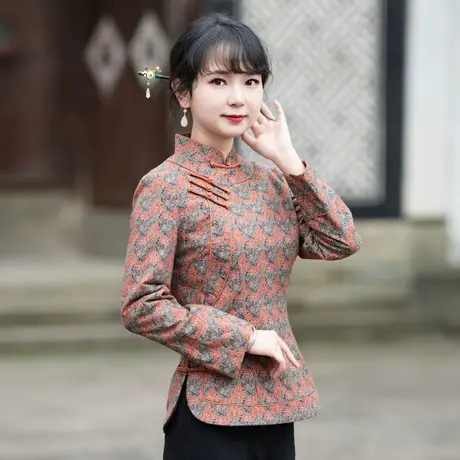 筠雅秋冬夹棉棉服外套女唐装中国风女装保暖新中式盘扣上衣23J710商品大图