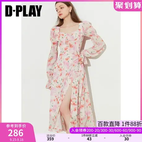 DPLAY2023新度假风粉调印象花园不对称荷叶边葫芦袖印花裙茶歇裙图片