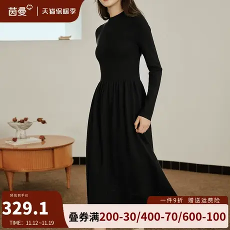 茵曼半高领连衣裙女2023冬季新款收腰显瘦打底裙小黑裙长裙配大衣商品大图