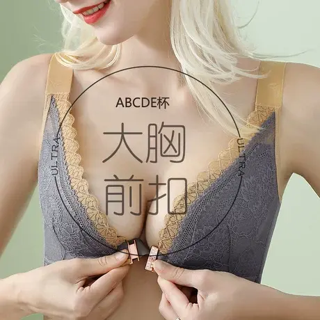 大码内衣女前开扣大杯文胸无钢圈胖MM聚拢收副乳美背性感深V胸罩图片