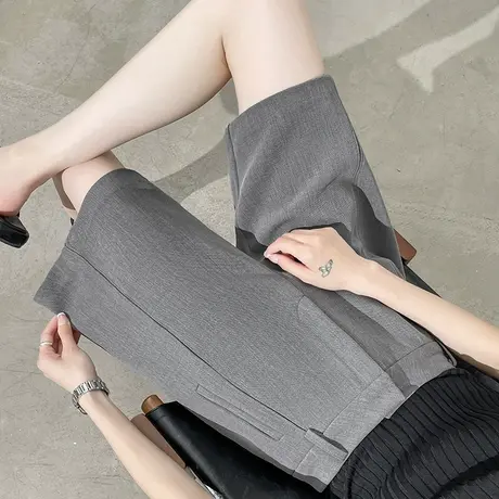 灰色休闲西装短裤女夏季薄款高腰宽松显瘦直筒阔腿a字五分中裤子商品大图