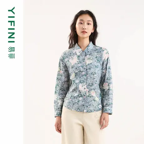 [专柜同款]Yifini/易菲原创印花纯棉小个子宽松衬衫百搭上衣女新商品大图