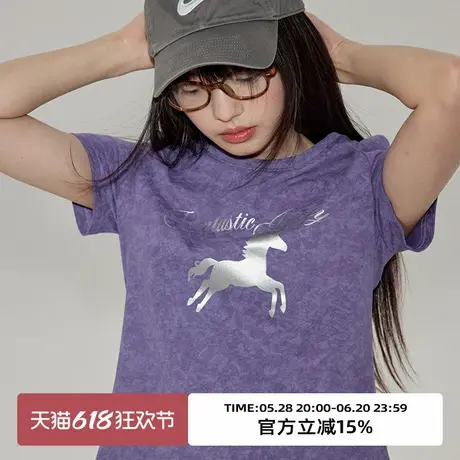 omont蛋挞家 复古趣味独角兽印花短袖T恤2025春圆领修身显瘦上衣商品大图