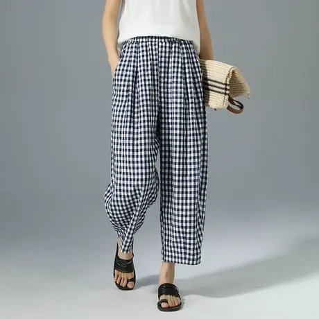 天丝亚麻格子裤女夏季薄款新款小个子宽松裤子休闲九分阔腿哈伦裤图片