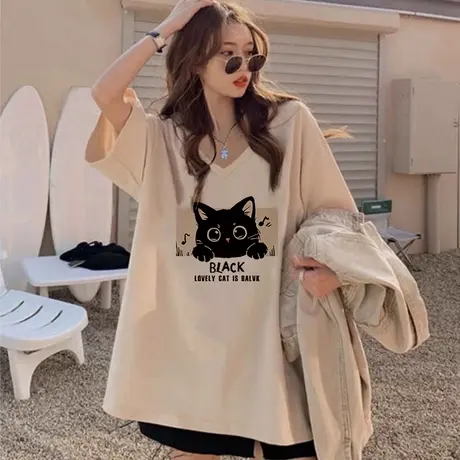 韩系chic复古纯棉女装T恤夏ins潮大码减龄V领显瘦闺蜜装短袖上衣图片