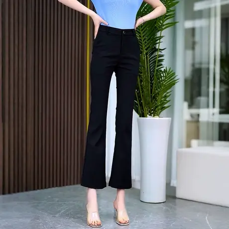 夏季薄款八分微喇裤女艾草莫代尔棉锦高腰垂顺小个子休闲喇叭裤子商品大图