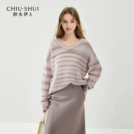 秋水伊人简约针织衫慵懒宽松毛衣V领上衣女商品大图