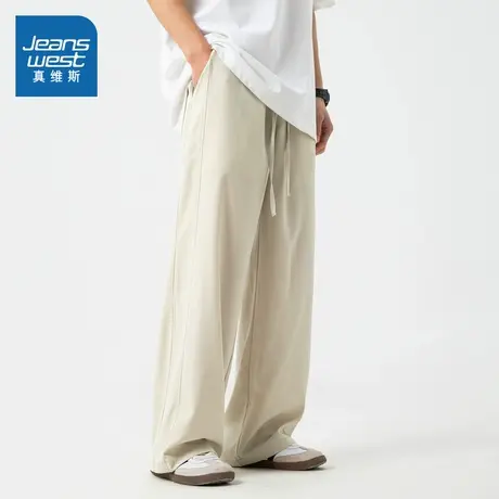 D4真维斯男装潮流宽松休闲裤2025夏季新品裤子流行米白松紧腰长裤商品大图