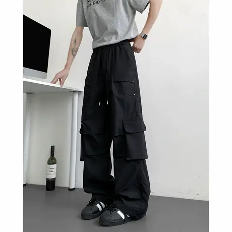 潮牌美式大口袋直筒工装裤男夏季新款复古宽松潮流百搭纯色休闲裤图片