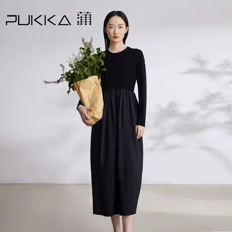 蒲PUKKA 早秋新品圆领拼接长袖连衣裙商品大图