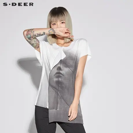 sdeer圣迪奥女时尚人像印花搭片不规则摆短袖T恤S18280135图片