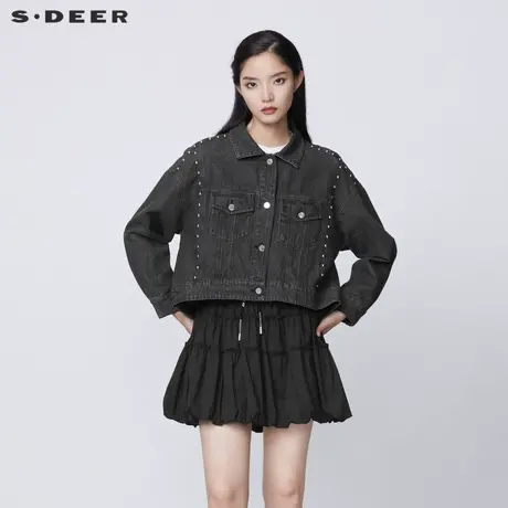 sdeer圣迪奥女装春秋装做旧翻领铆钉磨白短款牛仔外套S21362219图片