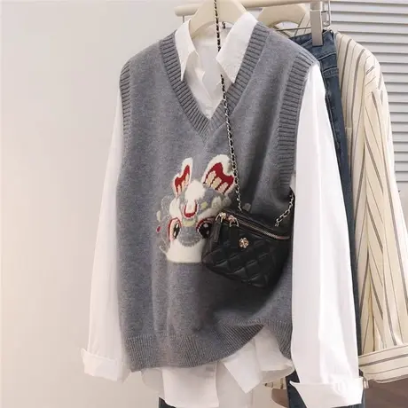 卡通提花针织马甲背心女V领洋气内搭马夹针织上衣图片