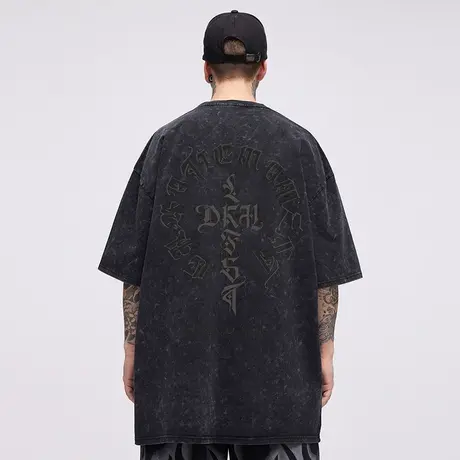 美式300g重磅复古短袖T恤胖子夏季大码宽松水洗做旧大码男装潮流商品大图