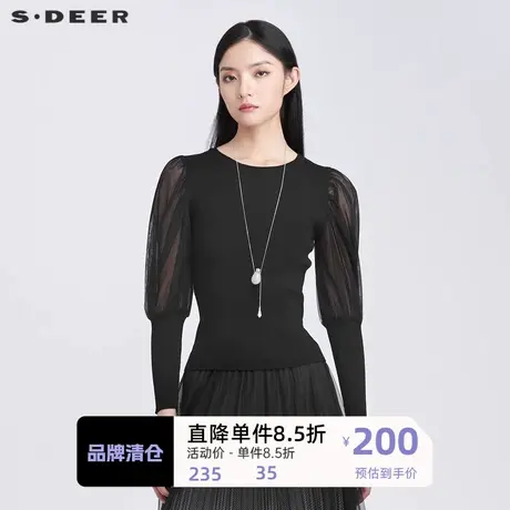 sdeer圣迪奥女装罗纹圆领网纱拼接长袖针织衫S22183517图片