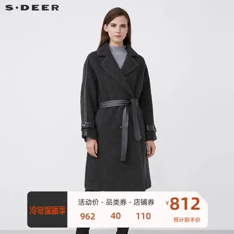 sdeer圣迪奥女装西装领外套收腰羊羔毛绒长款冬季大衣S21481703图片