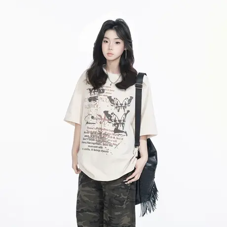 YEP2025春夏新款美式创意印花短袖T恤男女同款潮牌街头风半袖上衣图片