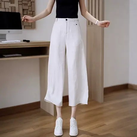 天丝亚麻休闲直筒裤女高腰垂感舒适薄款夏季小个子显高八分阔腿裤商品大图