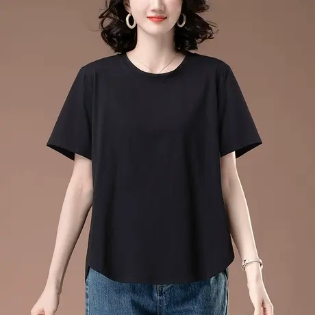 短袖t恤女夏装新款纯棉宽松加大码中年妈妈百搭遮肚显瘦半袖体恤图片