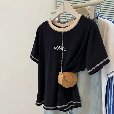 设计感小众刺绣短袖T恤女夏季宽松韩版打底衫撞色正肩半袖上衣潮商品大图
