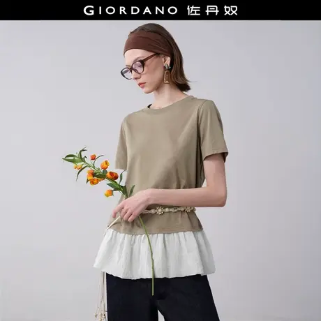 设计师款佐丹奴短袖T恤女夏季拼接泡泡花边宽松圆领上衣18325914图片