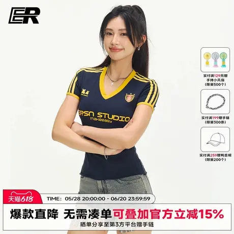 ER美式y2k正肩短袖t恤女球衣辣妹修身掐腰潮牌撞色V领上衣夏季图片