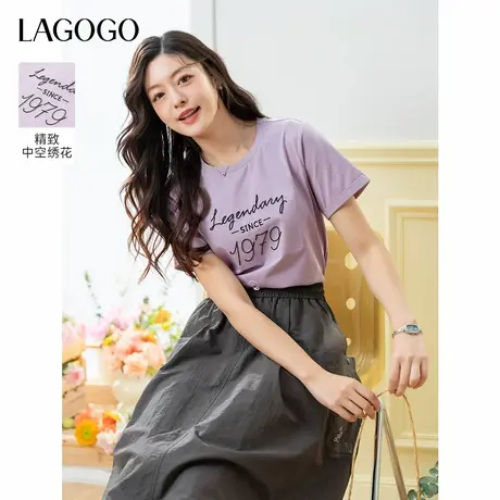 LAGOGO紫色甜美宽松T恤女拉谷谷2025年夏季新款圆领休闲短袖上衣商品大图