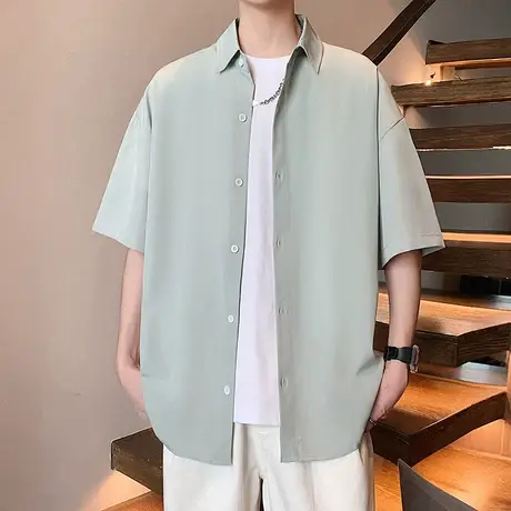 夏季薄款纯色短袖衬衫男美式简约百搭青少年通勤休闲情侣外套衬衣商品大图