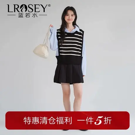 蓝若水大码女装假两件条纹针织衬衫胖mm秋装学院风显瘦长袖上衣商品大图