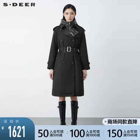 sdeer圣迪奥冬装新款个性高领连帽双排扣收腰长款羽绒服S21482425商品大图