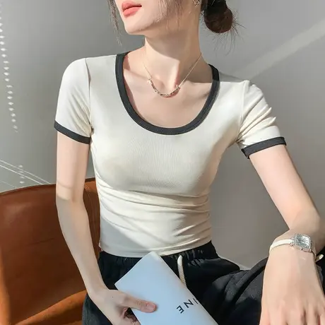 撞色圆领短袖T恤女2025夏季新款正肩修身显瘦上衣衬衫内搭打底衫图片