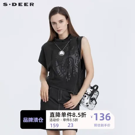 sdeer圣迪奥女装休闲连帽印花不对称短袖T恤S21280172🐰商品大图