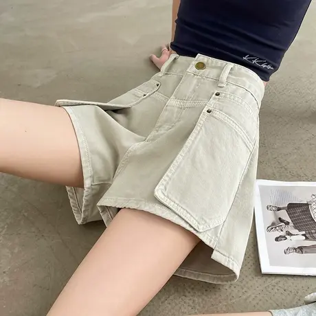 设计感多口袋浅灰色牛仔短裤女夏季薄款高腰显瘦宽松a字阔腿热裤商品大图