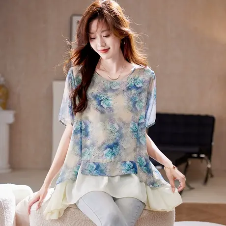 宝诗黎圆领印花拼接雪纺衫2025夏季宽松慵懒百搭气质休闲小衫女图片
