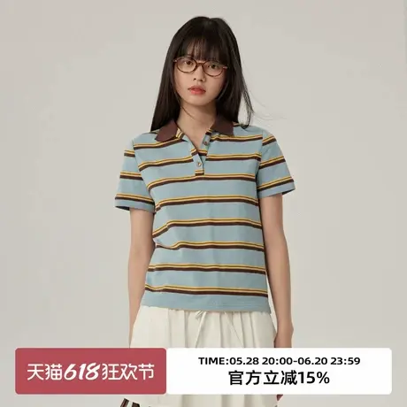 omont蛋挞家 条纹polo领短袖T恤2025春季翻领撞色休闲学院风上衣商品大图