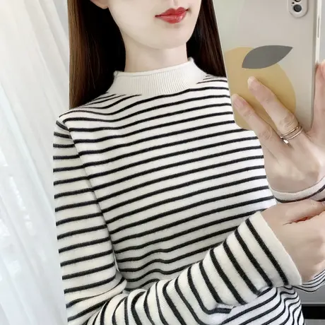 条纹针织衫女长袖内搭秋冬2024新款中领上衣短款半高领毛衣打底衫商品大图