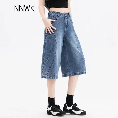 美式牛仔短裤女2025新款夏薄款天丝六分裤高腰过膝复古蓝阔腿中裤商品大图