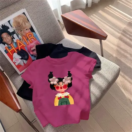 玫粉色卡通短袖t恤女夏季2025新款美式正肩显瘦短款设计感上衣潮商品大图