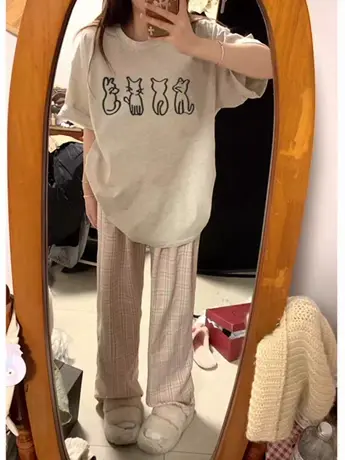 日系hiphop潮牌夏季短袖女大码纯棉正肩t恤ins慵懒简约风闺蜜上衣商品大图