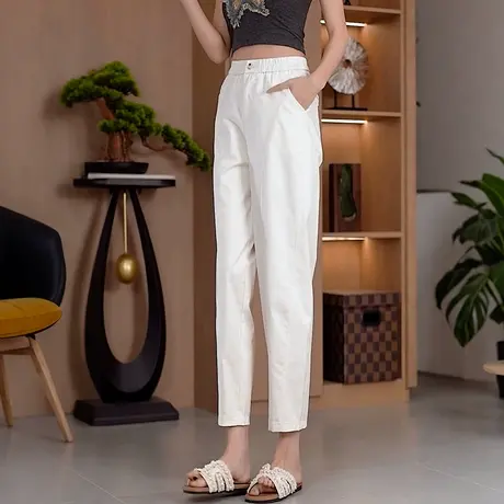 卡其色天丝棉九分弯刀裤女夏季薄款休闲烟管裤高腰显瘦小脚哈伦裤商品大图