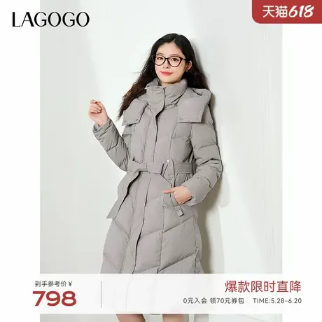LAGOGO绿灰色修身羽绒服女款拉谷谷2024年冬新款收腰保暖长款外套商品大图